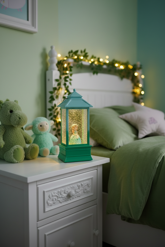 A teal snow globe lantern with a glowing fairy inside sits on a white nightstand in a cozy, softly lit green bedroom. A white bed with green bedding, a plush green toy, and a small plush lamb are visible in the background, accented by warm string lights around the headboard.