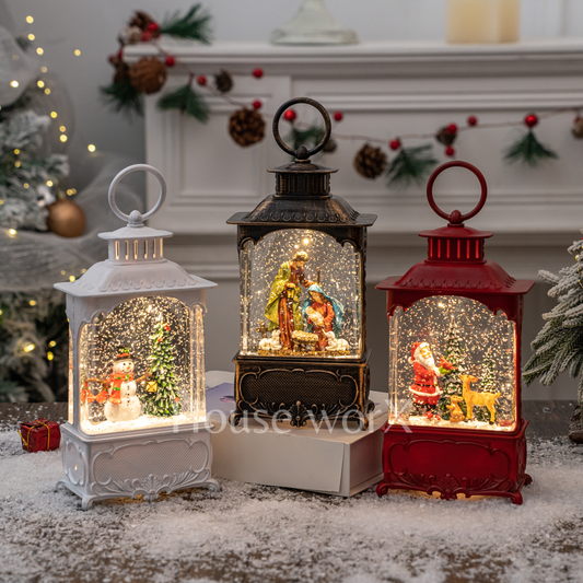 Three decorative lanterns with Christmas scenes inside, placed in front of a decorated fireplace.
