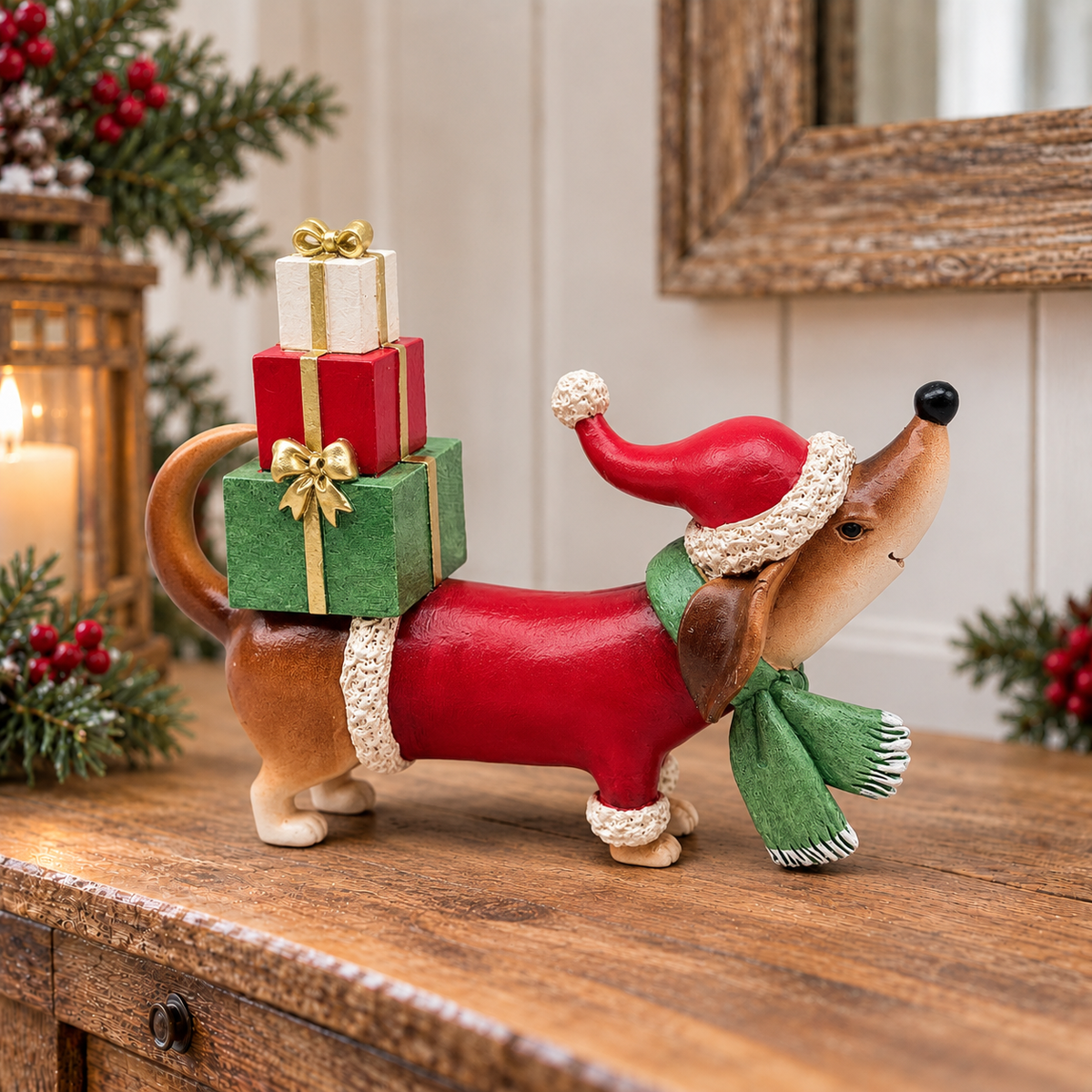 A decorative dachshund figurine wearing a red sweater, green scarf, and Santa hat, carrying a stack of three wrapped gifts on its back, displayed on a wooden table with holiday decorations in the background.