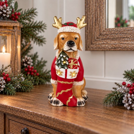 A ceramic Christmas dog figurine wearing a red sweater, white hat trim, and gold antlers, sitting on a wooden table with holiday greenery, a candle lantern, and a mirror in the background.