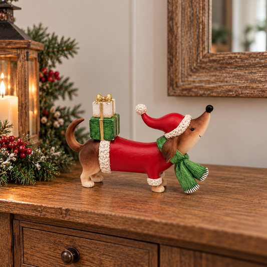A dachshund-shaped Christmas decoration wearing a red sweater, green scarf, and Santa hat, standing on a wooden table with a lit lantern and holiday greenery in the background.