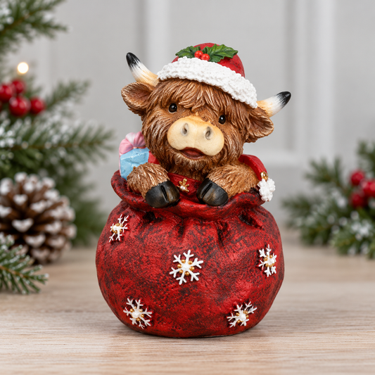Highland Cow in Santa Sack Figurine