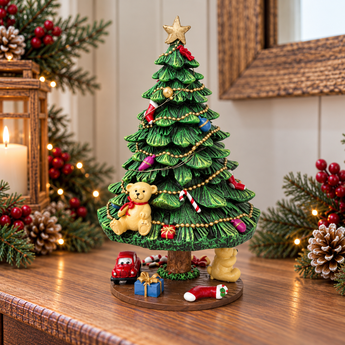 A decorative miniature Christmas tree centerpiece on a wooden table, surrounded by holiday greenery, warm string lights, and pinecones. The tree is green with gold bead garlands, colorful ornaments, a gold star topper, a teddy bear figure, a small red car, and gift boxes on a round base.