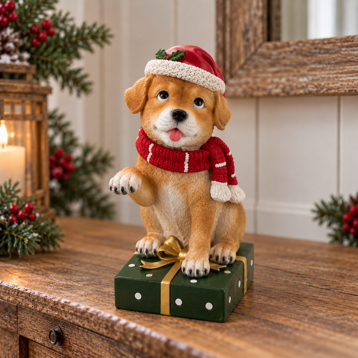 A decorative figurine of a tan puppy wearing a red Santa hat and red knit sweater, sitting on a green gift box with a gold ribbon, placed on a wooden table in a holiday-themed setting.