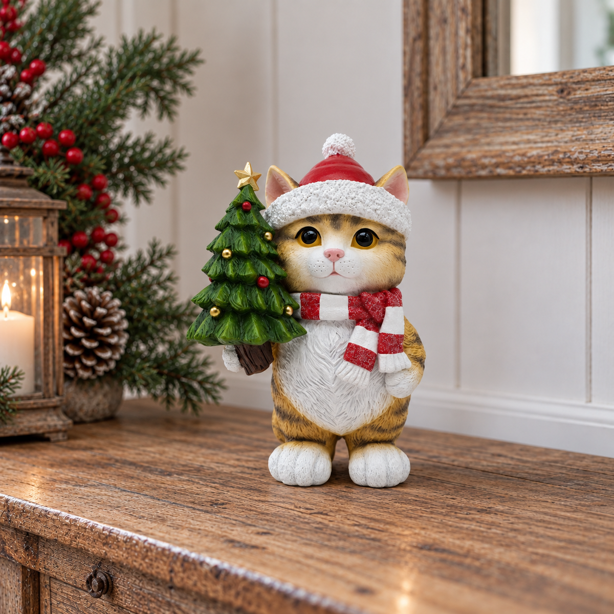 A festive cat figurine wearing a white Santa hat and red-and-white striped scarf, holding a small green Christmas tree, displayed on a wooden surface in a holiday-themed setting.