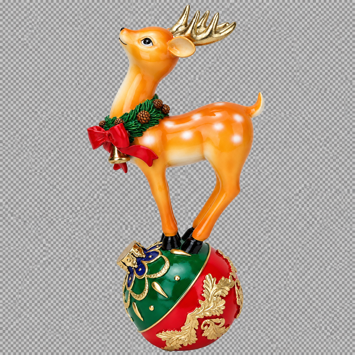 A festive Christmas ornament featuring a golden-orange deer with white spots standing on a red and green decorated ball, wearing a green wreath with a red bow and gold antlers, set against a gray checkerboard background.