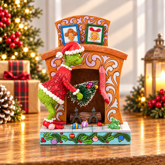 A Grinch Christmas ornament figurine standing in front of an ornate fireplace. The Grinch is wearing a red Santa hat and red outfit, holding a green Christmas tree, with stockings and framed pictures on the mantel.