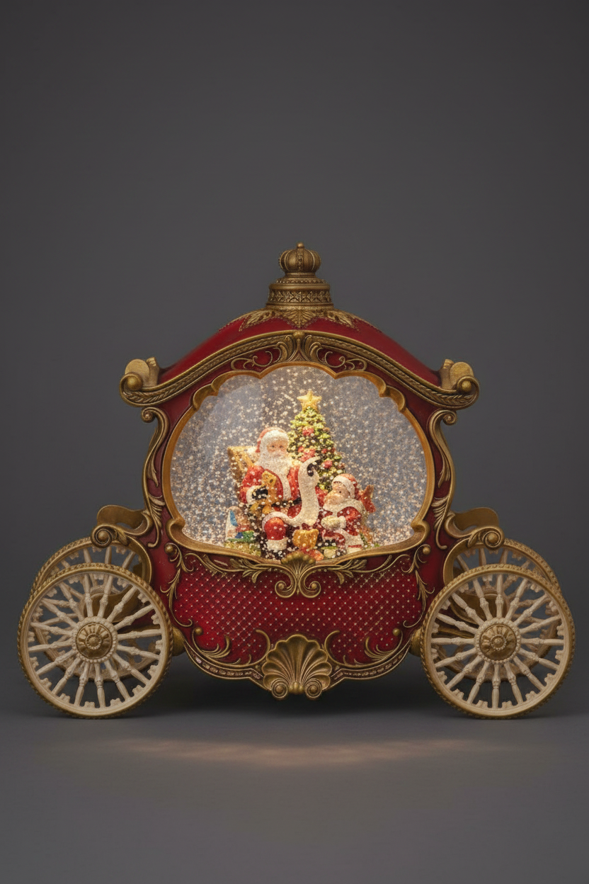 A decorative red and gold carriage-shaped snow globe featuring Santa Claus and a Christmas tree inside, photographed against a dark gray studio background.