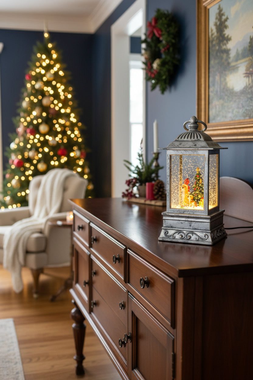 A silver-toned metal lantern with a clear glass window displaying a miniature Christmas scene with a Santa Claus figure, a Christmas tree, and gifts, set against a plain light gray background.