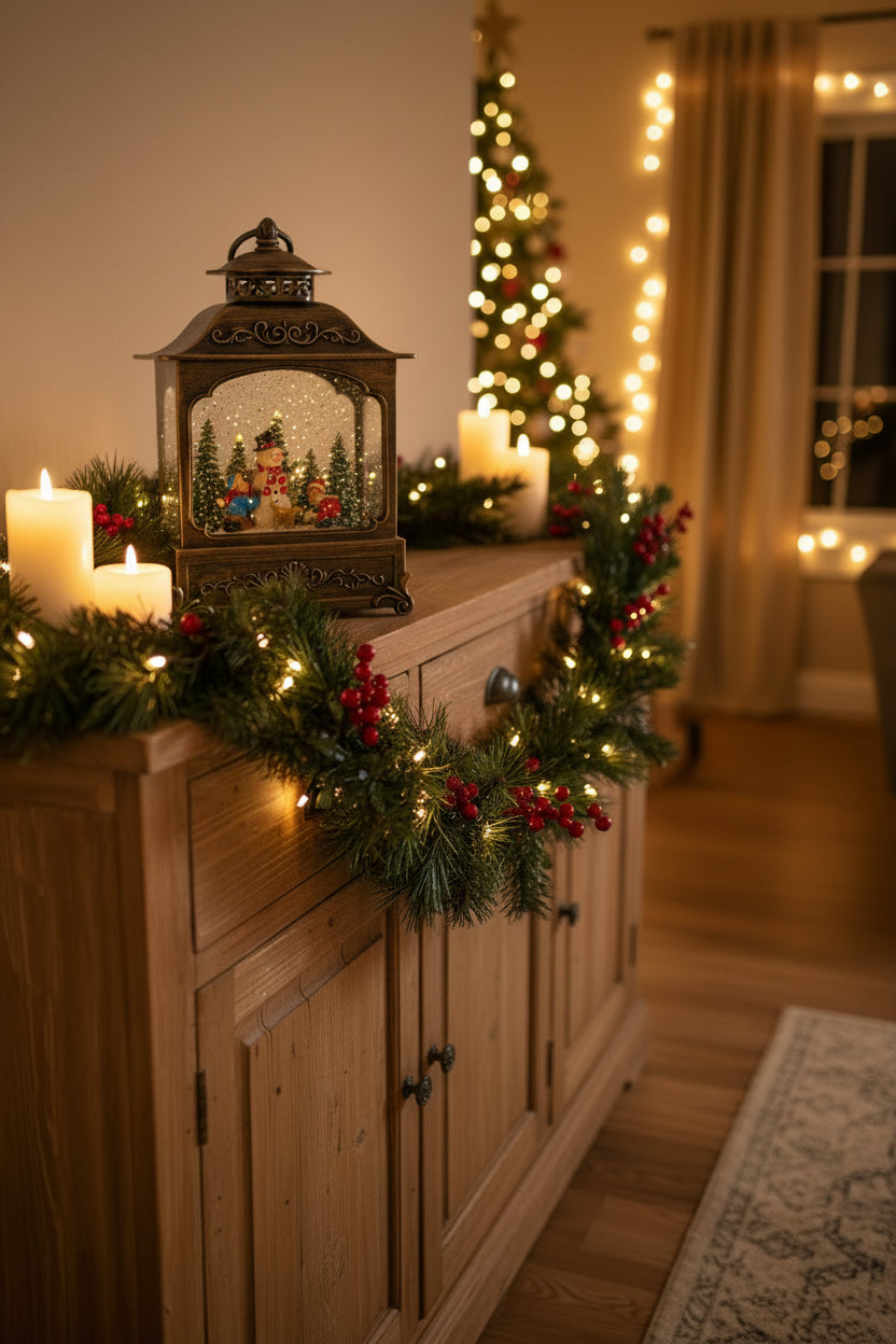 An ornate antique bronze lantern-shaped snow globe with a festive winter scene inside, featuring a snowman, Christmas trees, and small figures under a falling snow effect, set against a plain white background.