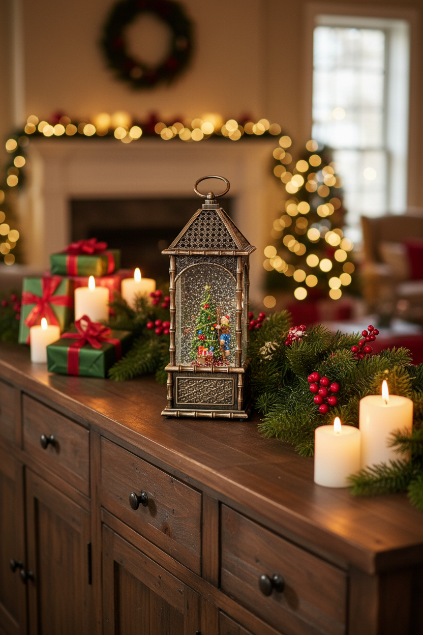 A decorative Christmas lantern with a miniature tree and gift scene inside stands on a wooden cabinet in a warmly lit holiday living room. Candles, wrapped gifts, evergreen garland, and red berries are arranged around it, with a blurred fireplace and tree in the background.