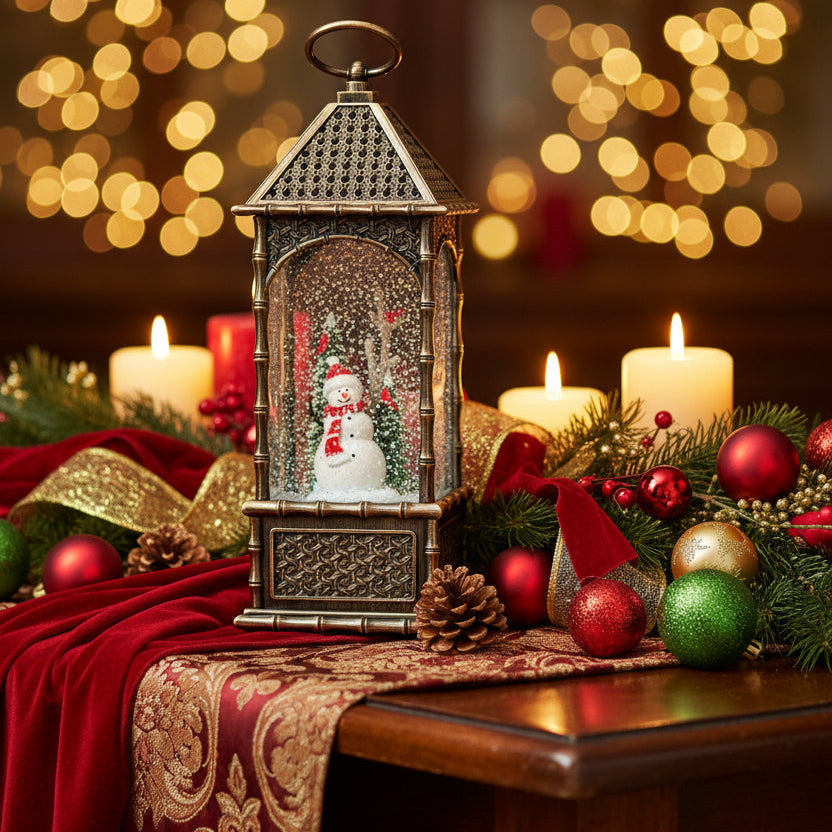 A decorative lantern-shaped snow globe with a gold-toned metal frame and a small snowman figure inside, photographed on a kitchen countertop with a white sheet of paper behind it.
