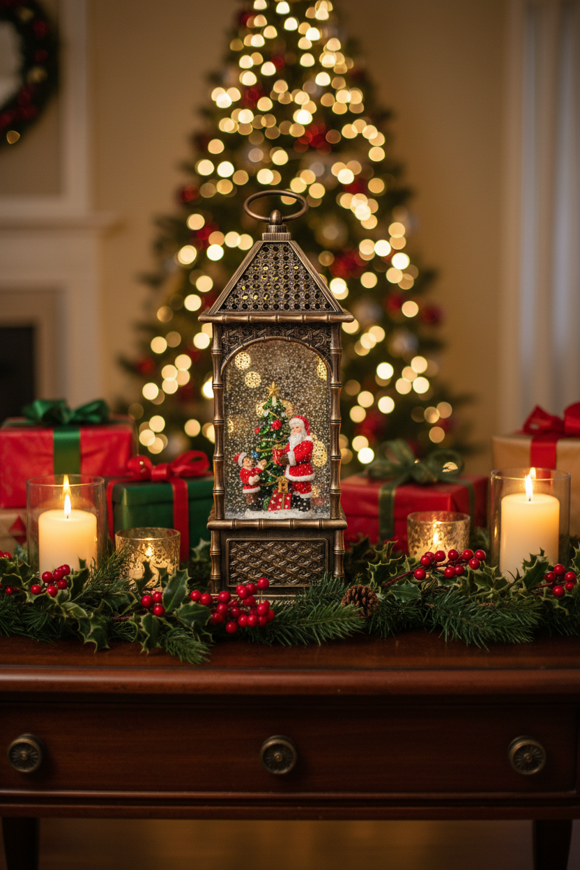 A decorative Santa Claus snow globe lantern sits on a wooden table in a holiday setting, surrounded by lit candles, pine garlands with red berries, and wrapped Christmas presents, with a blurred, glowing Christmas tree in the background.