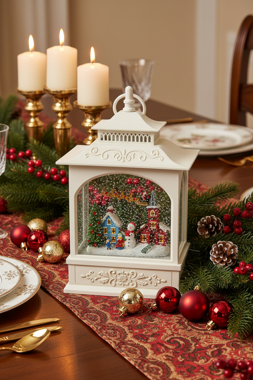 A white decorative lantern with a miniature Christmas village scene inside, styled on a holiday table runner with candles, red and gold ornaments, pinecones, and evergreen branches.