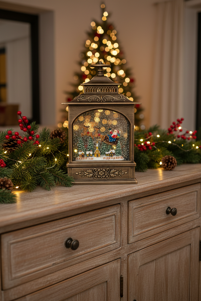 An ornate vintage-style Christmas lantern with a warm bronze finish sits on a wooden cabinet, surrounded by holiday greenery, pinecones, and fairy lights, with a blurred glowing Christmas tree in the background.