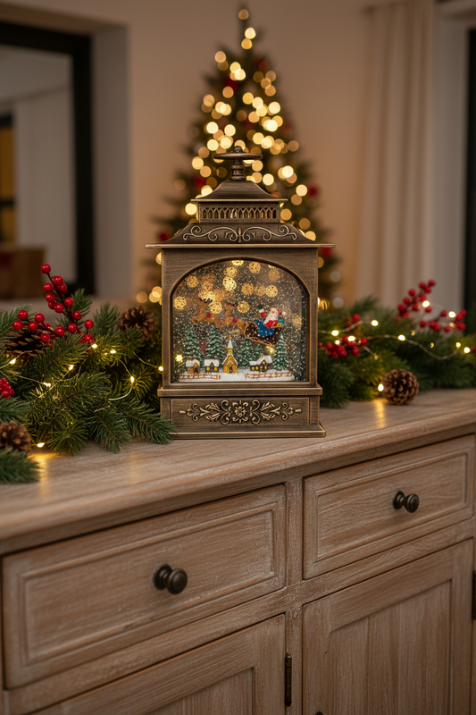 An ornate vintage-style Christmas lantern with a warm bronze finish sits on a wooden cabinet, surrounded by holiday greenery, pinecones, and fairy lights, with a blurred glowing Christmas tree in the background.