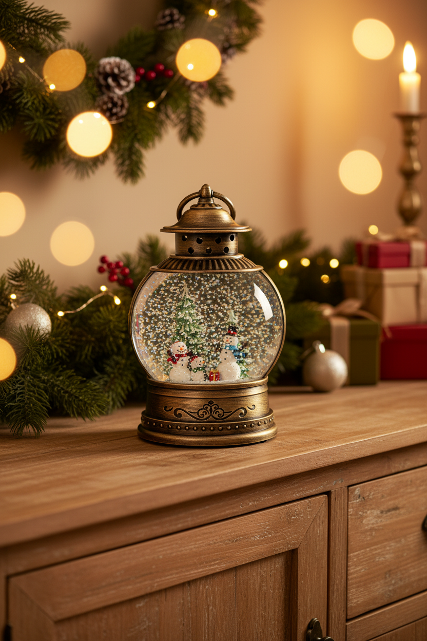 A vintage-style glass snow globe lantern with a bronze base sits on a wooden cabinet in a cozy holiday setting with pine garlands, warm string lights, and gift boxes in the background.