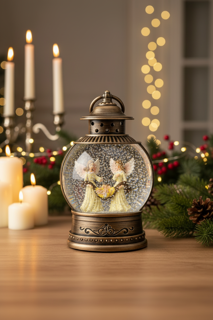 A vintage-style lantern snow globe sits on a wooden table surrounded by lit candles, pine branches, and warm holiday string lights in the background.