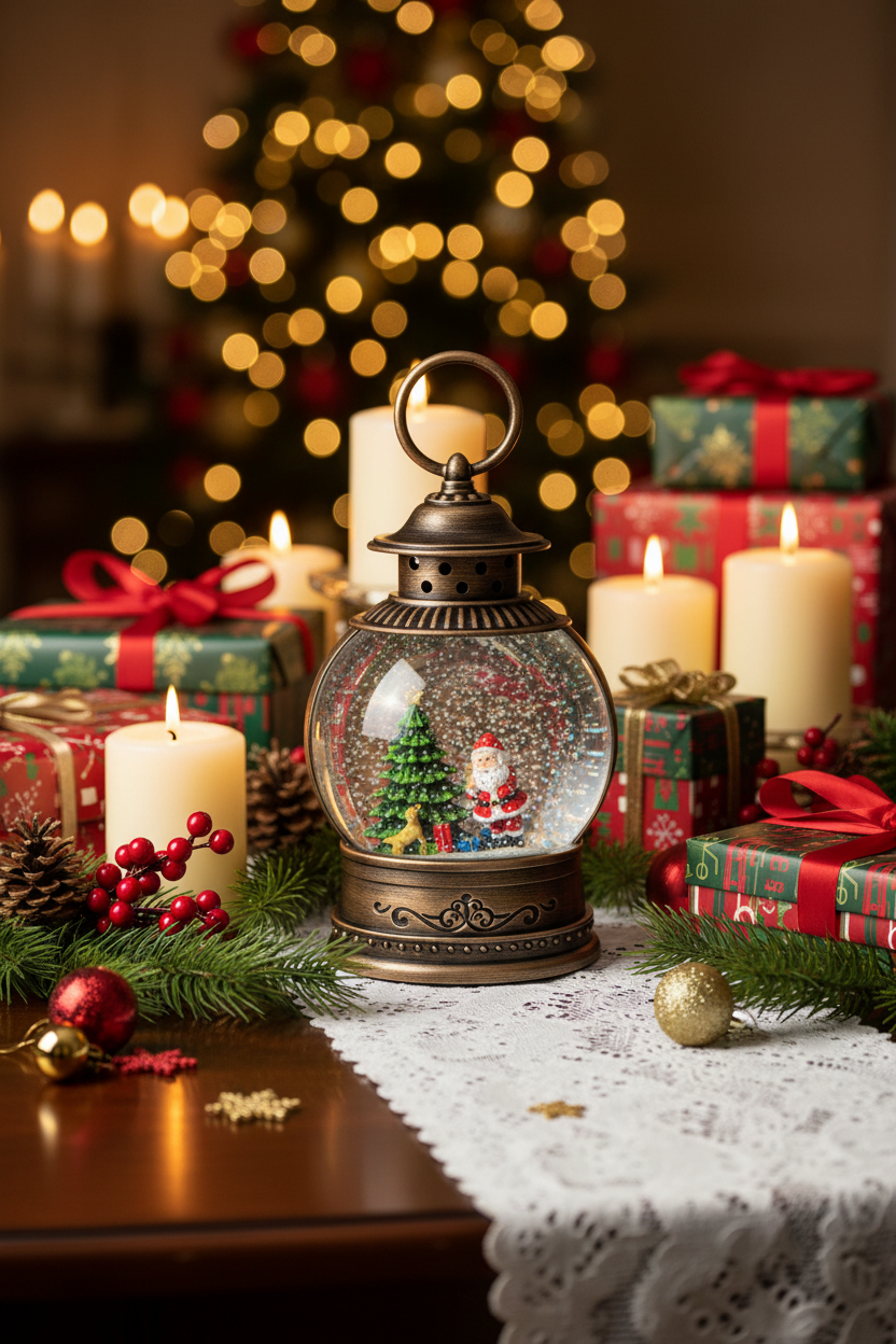A decorative glass snow globe lantern with a Santa Claus scene inside sits on a white lace table runner, surrounded by lit candles, wrapped Christmas presents, pinecones, and a blurred Christmas tree in the background.