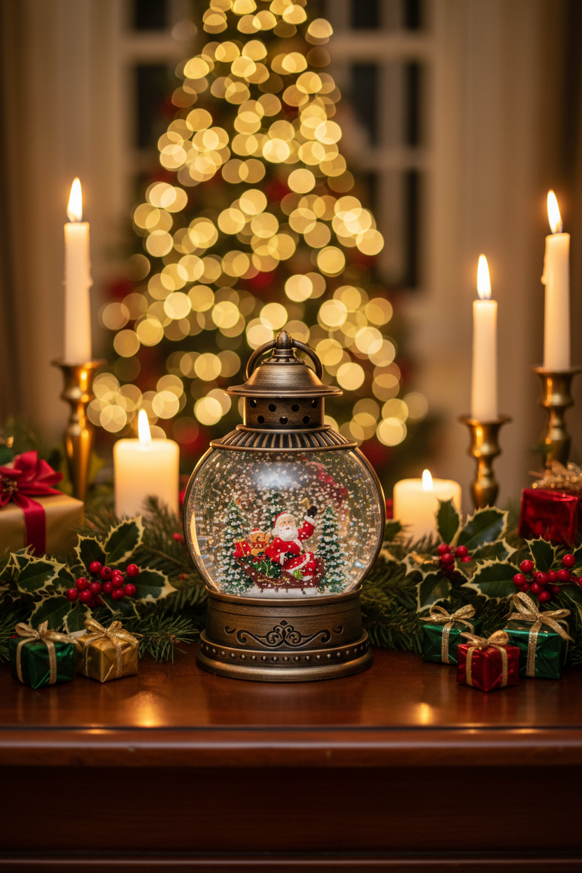 A decorative glass snow globe lantern with Santa Claus inside sits on a wooden table surrounded by lit candles, holly, red berries, and small wrapped gifts, with a blurred Christmas tree in the background.