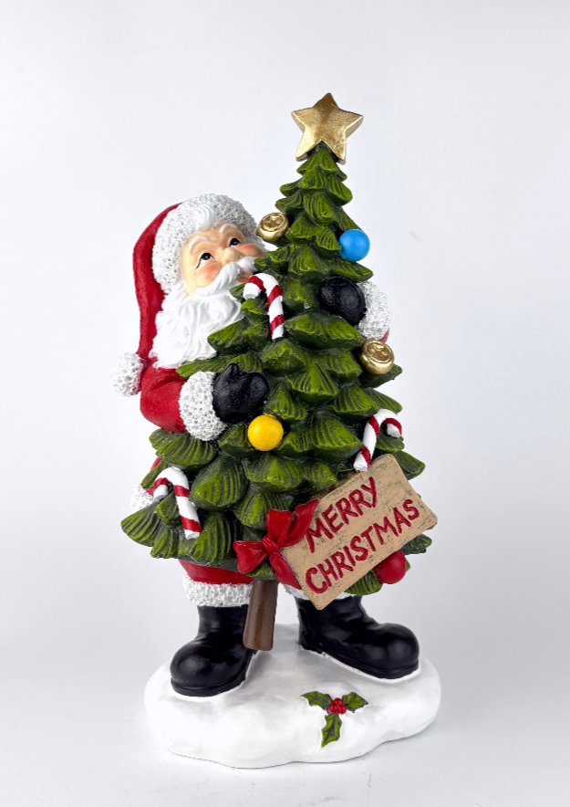 Merry Christmas Tree Hug Santa Figurine