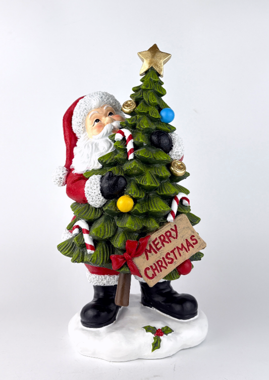 Merry Christmas Tree Hug Santa Figurine