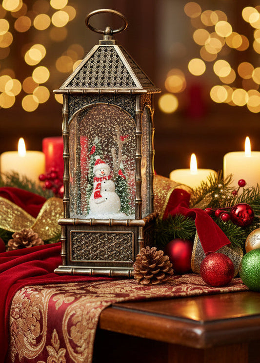 A decorative lantern-shaped snow globe with a gold-toned metal frame and a small snowman figure inside, photographed on a kitchen countertop with a white sheet of paper behind it.