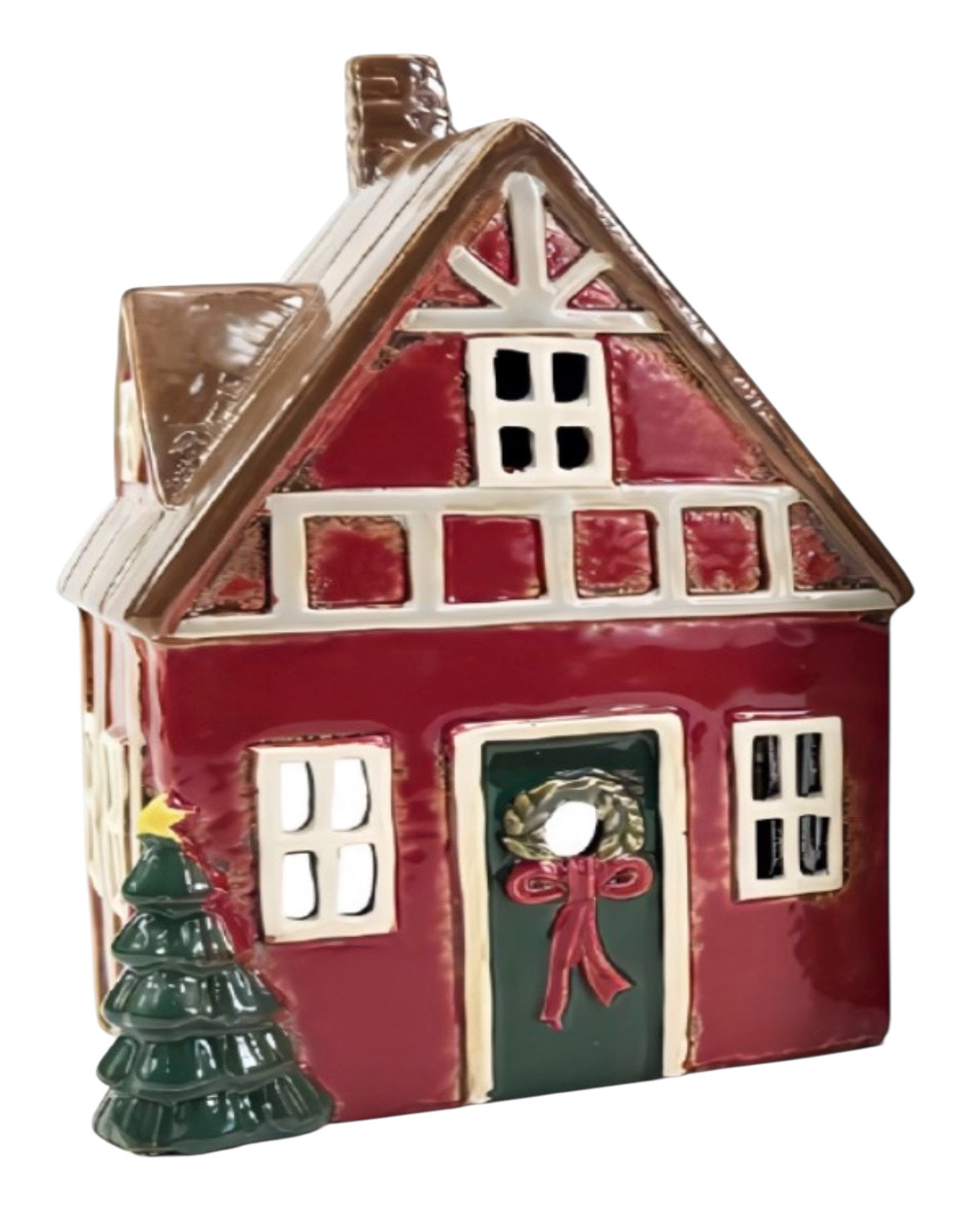 Decorative house ornament with a wreath and small tree on a white background