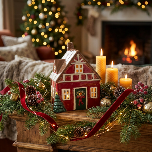 Red Ceramic Christmas House Tealight Holder 23cm