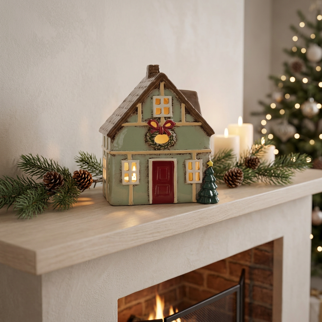 Sage Green Ceramic Christmas House Tealight Holder