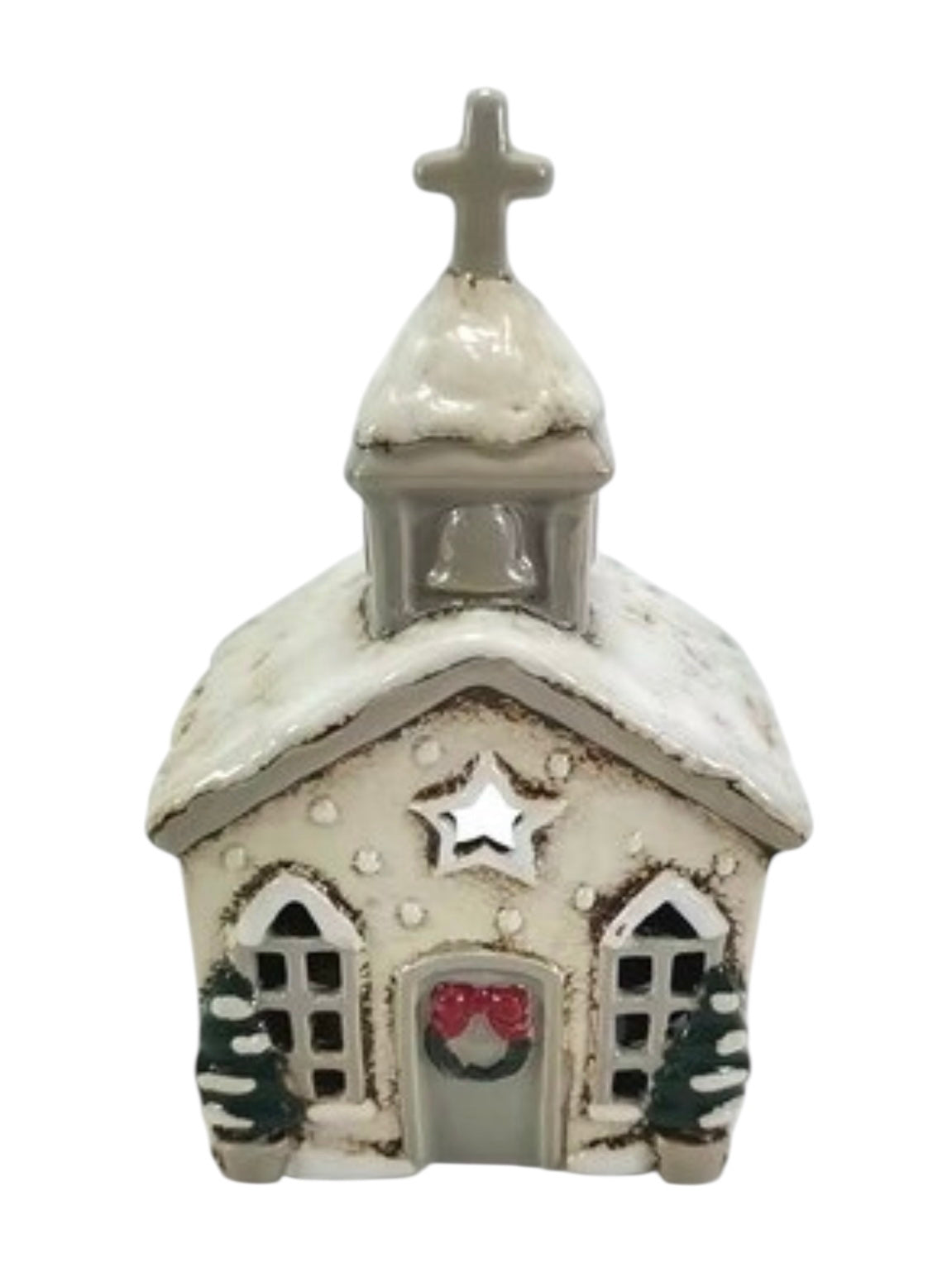 Decorative miniature church with a star on the front, white roof, and bell tower.
