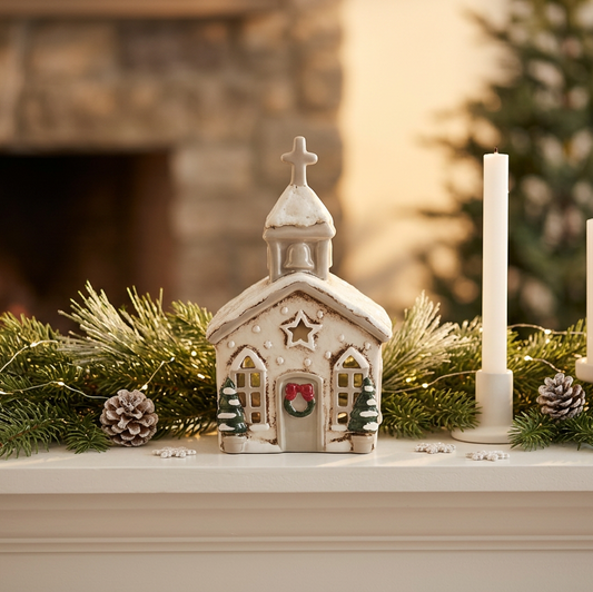 A small white Christmas church ornament sits on a mantel decorated with green garland, pinecones, and two white candles, with a blurred fireplace and Christmas tree in the background.