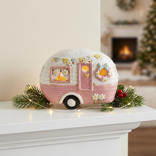 Pink Ceramic Vintage Caravan Tealight Holder 13.5cm