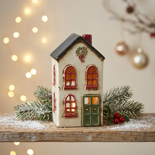 Ceramic Christmas House Tealight Holder with Green Door 19cm