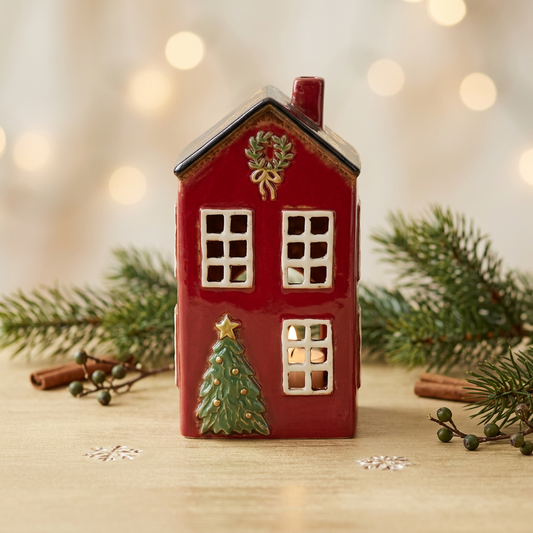 Red Ceramic Christmas House Tealight Holder with Tree & Wreath 20cm