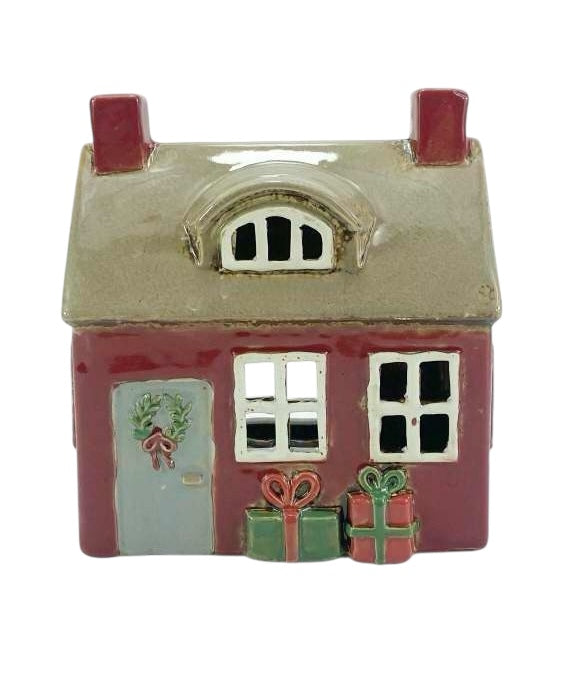 Red Ceramic Christmas Cottage Tealight Holder with Presents 14.5cm