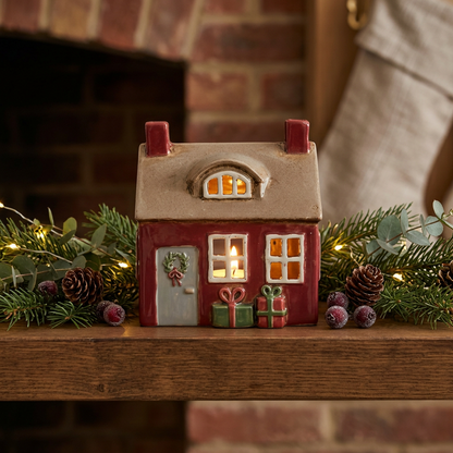 Red Ceramic Christmas Cottage Tealight Holder with Presents 14.5cm