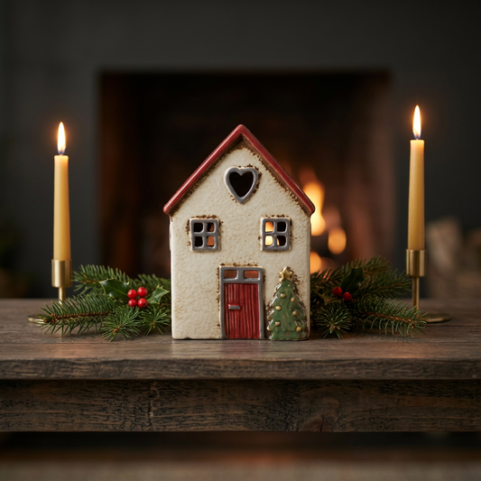 Ceramic Christmas House Tealight Holder with Heart Window 14cm