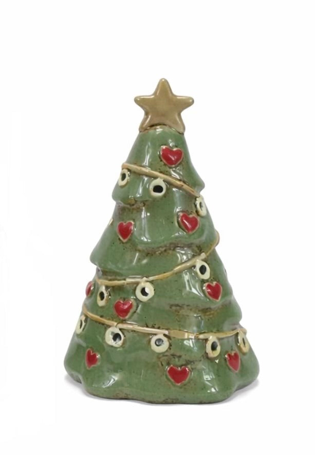Small ceramic Christmas tree figurine with red hearts and a gold star on a white background
