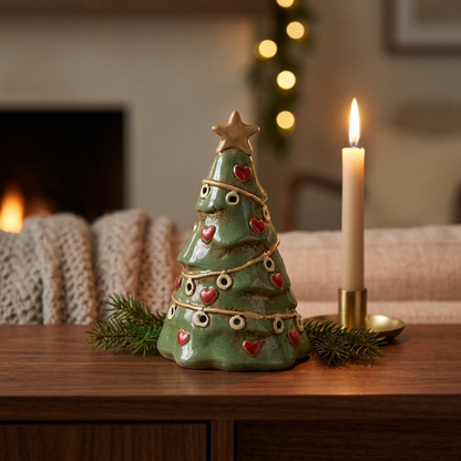 Medium Green Ceramic Christmas Tree Tealight Holder 15cm