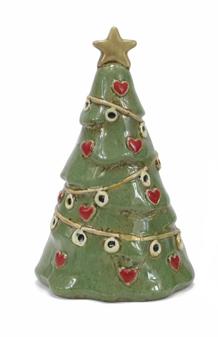 Ceramic Christmas tree ornament with red hearts, gold accents, and a star on a white background