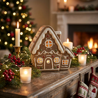 Decorative gingerbread house charm with white roof and colorful details on a white background