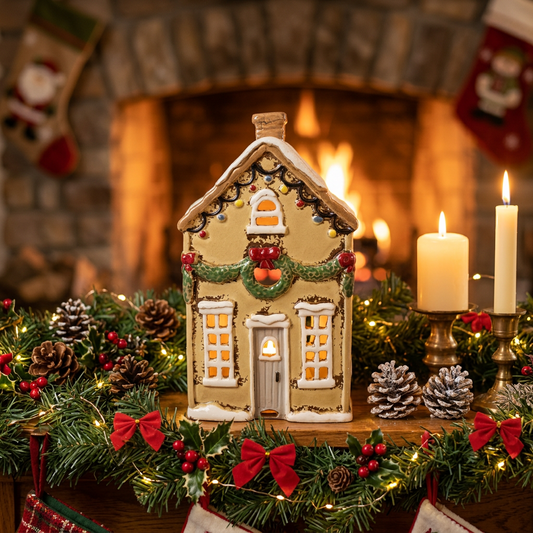 Yellow Ceramic Christmas House Tealight Holder 20cm