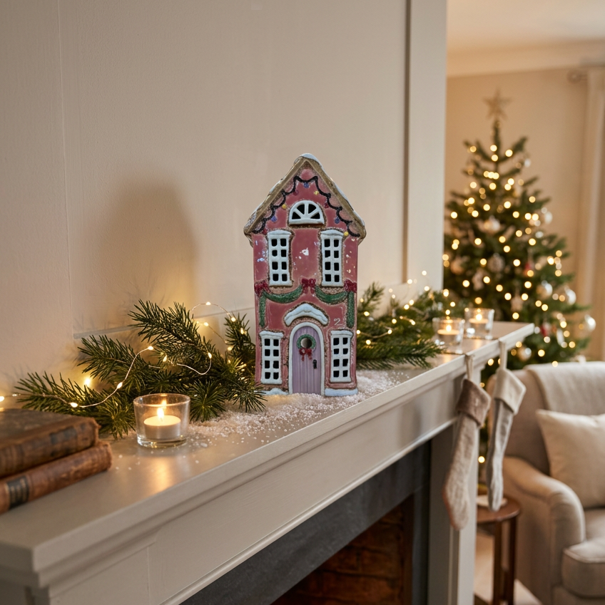 A decorative gingerbread house ornament displayed on a fireplace mantel with a lit fire, evergreen garlands, candles, and a Christmas tree in the background.