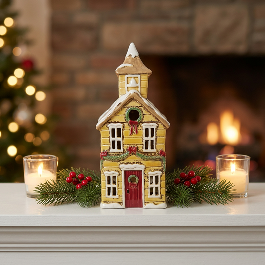 Yellow Ceramic Christmas Church Tealight Holder 28cm