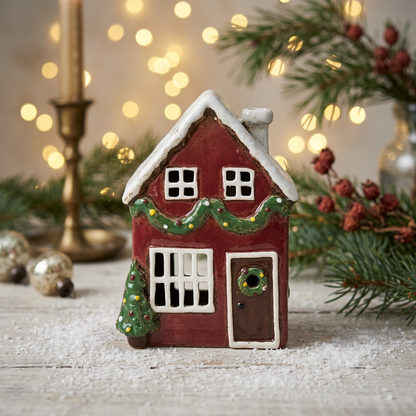 Red Ceramic Christmas House Tealight Holder with Garland 19.5cm