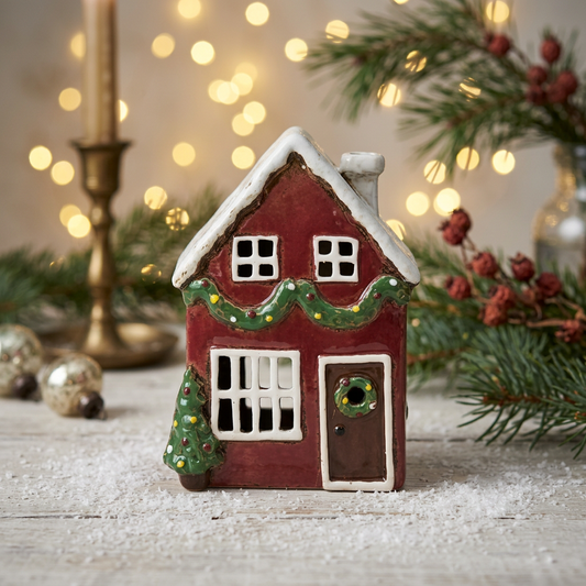 Red Ceramic Christmas House Tealight Holder with Garland 19.5cm