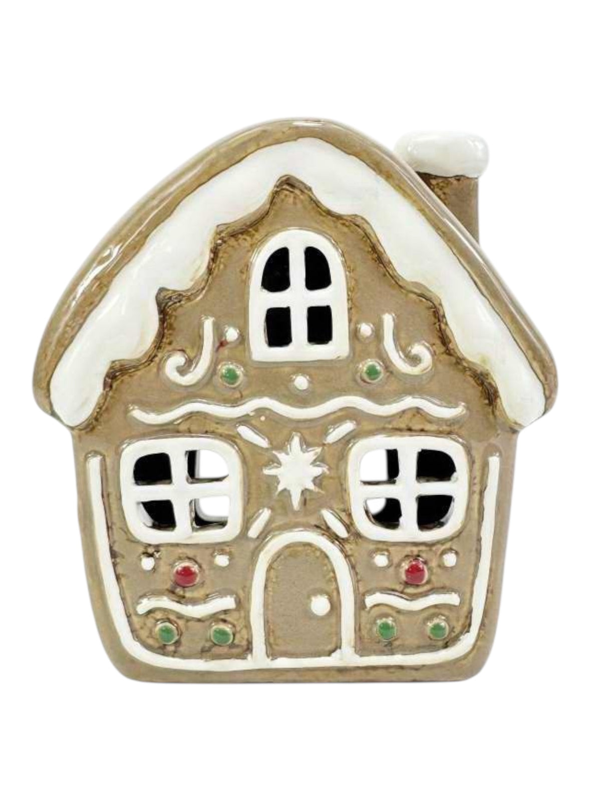 Decorative gingerbread house ornament on a white background