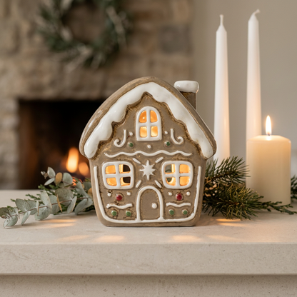 Ceramic Gingerbread House Tealight Holder with Iced Star 14.5cm