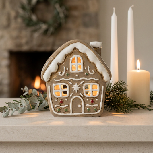 Ceramic Gingerbread House Tealight Holder with Iced Star 14.5cm